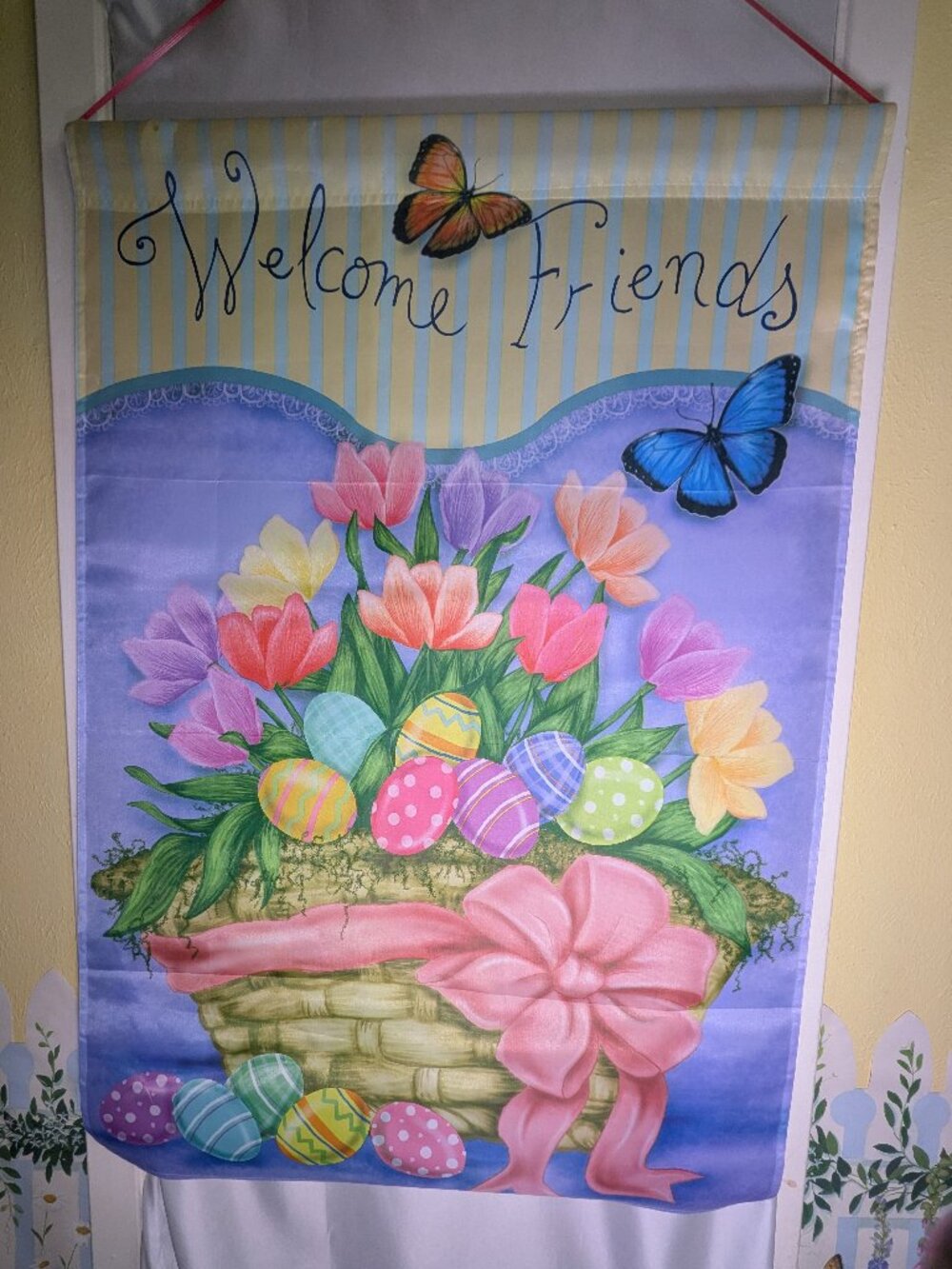 Vintage Easter Garden Flag Large Banner Tulips Eggs Lace Butterflies Jetmax